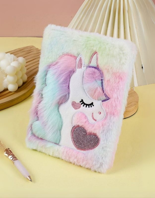 Stuffed unicorn diary with pink fluffy cover and glitter heart design